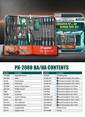 ZESTAW NARZĘDZI DO ELEKTRONIKI Z LUTOWNICĄ PROSKIT PK-2088B