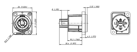 GNIAZDO POWERCON ZASILAJĄCE NAC3MPXXA NEUTRIK TABLICOWE MONTAŻOWE