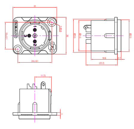 GNIAZDO XLR MĘSKIE TABLICOWE RC3MDL-B REAN NEUTRIK MONTAŻOWE PANELOWE