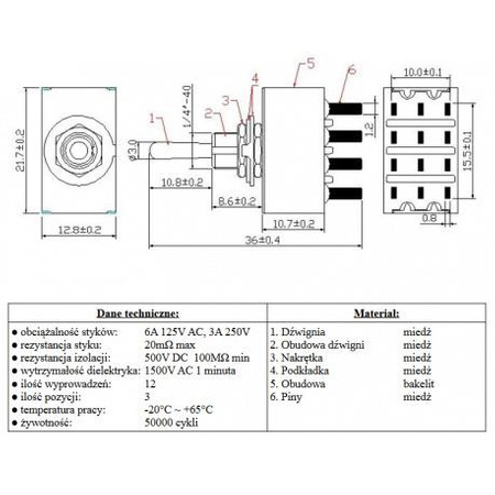 PRZEŁĄCZNIK DŹWIGNIOWY ON-OFF-ON 12pin/3poz VS5026 VITALCO