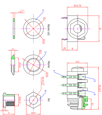 GNIAZDO JACK 6.3 STEREO TRS NYS215 REAN NEUTRIK MONTAŻOWE TABLICOWE PCB