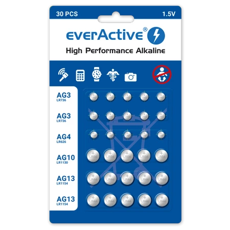 ZESTAW 30 x BATERII GUZIKOWYCH ALKALICZNE EVERACTIVE LR41 LR66 LR54 LR1154