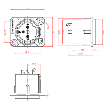 GNIAZDO XLR MĘSKIE TABLICOWE RC3MDL REAN NEUTRIK TABLICOWE MONTAŻOWE