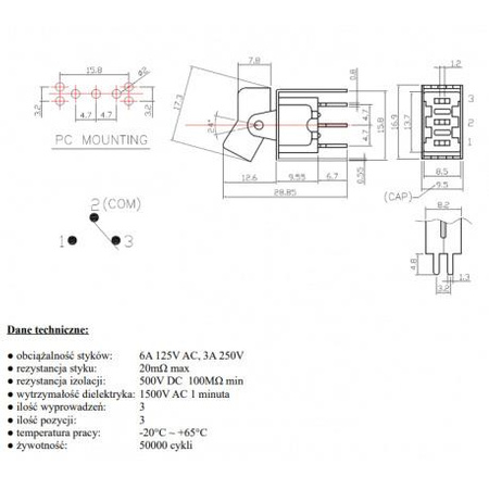 PRZEŁĄCZNIK KOŁYSKOWY ON-OFF-ON 3PIN 3POZ VS5106 VITALCO