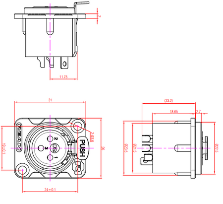 GNIAZDO XLR ŻEŃSKIE TABLICOWE RC3FDL-B REAN NEUTRIK MONTAŻOWE PANELOWE