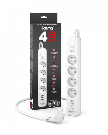 PRZEDŁUŻACZ Z UZIEMIENIEM 4 GNIAZDA 3M KERG M02414 Z WYŁĄCZNIKIEM I USB