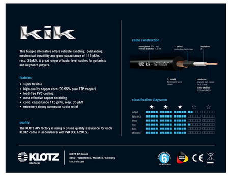 KABEL GITAROWY JACK 6.3 TS KLOTZ KIK 9m DO GITARY INSTRUMENTALNY